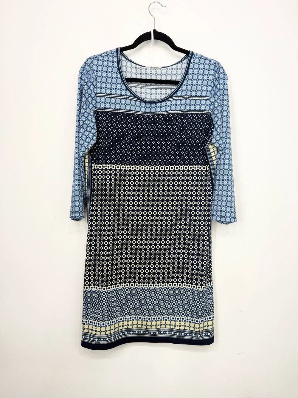 Max Studio Blue Complimentary Geometric Panel Print Half Sleeve Midi Shift Dress